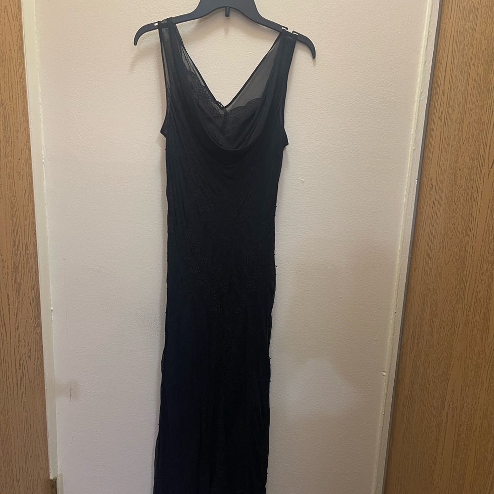 Black Sleeveless bedded Maxi Dress with Sheer Drape Neckline